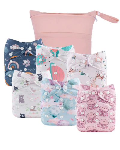 babygoal Cloth Diaper Covers 6 Pack with Wet Bag for Fitted Diapers and Prefolds with Double Gussets Adjustable and Reusable for Baby Girls 6DCF16-B