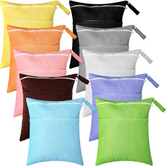 10 Pack Wet Dry Bags for Baby Cloth Diapers Waterproof Reusable Travel Bags with Two Zippered Pockets Beach Pool Gym Wet Bags for Swimsuit Beach Pool Daycare Yoga Gym Dirty Wet Clothes 10 Colors
