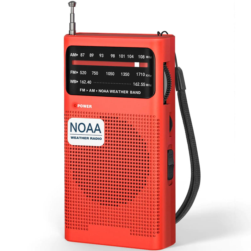 Goodes NOAA Weather Radio AM FM Transistor Radio with Loud Speaker Headphone Jack 2AA Battery Operated Radio for Long Range Reception Portable Radio for Indoor Outdoor and Emergency Use-Red