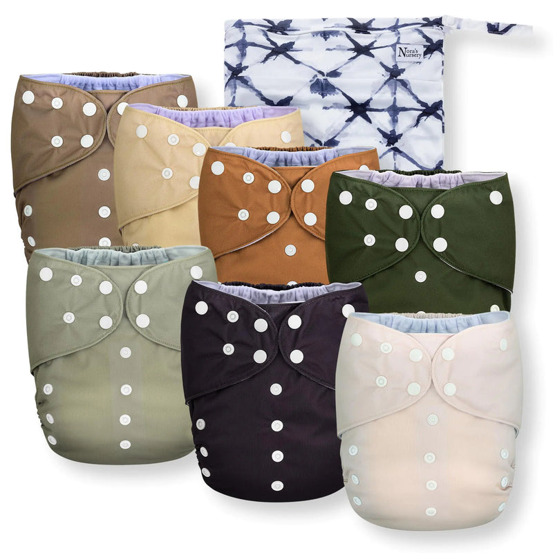 Noras Nursery Large Pocket Cloth Diaper 7 Pack for Toddlers 35 to 55lbs with 1 Wet Bag - Waterproof Cover Washable Reusable & One Size Adjustable - Down to Earth