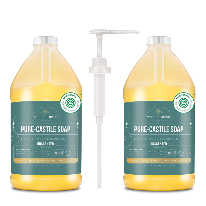 WHOLENATURALS Pure Castile Soap Liquid EWG Verified & Certified Palm Oil Free Unscented Natural Mild & Gentle Non-gmo & Vegan - Organic Body Baby Soap -Pack of 2 w/pump