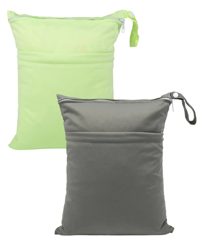 babeine Wet Dry Bags 2 Pack for Baby Cloth Diapers Waterproof Reusable with Two Zippered Pockets Travel Beach Pool Soiled Baby Items Yoga Gym Bag for Swimsuits or Wet Clothes (grey and light green)