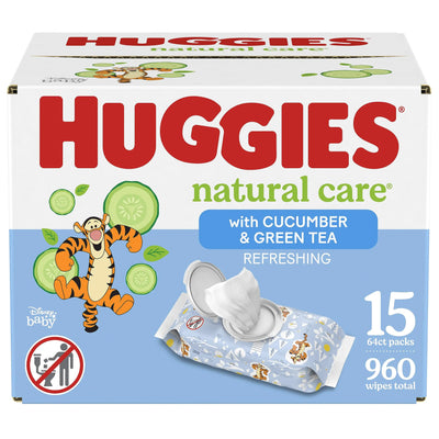 Baby Wipes Huggies Natural Care Refreshing Baby Diaper Wipes Hypoallergenic Scented 15 Flip-Top Packs (960 Wipes Total)