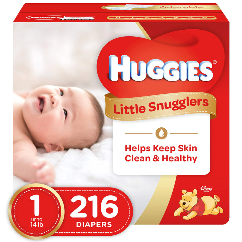 HUGGIES Little Snugglers Baby Diapers Size 1 216 Count Unscented Hypoallergenic GentleAbsorb Liner Pocketed-Back Waistband Wetness Indicator Premium Softness
