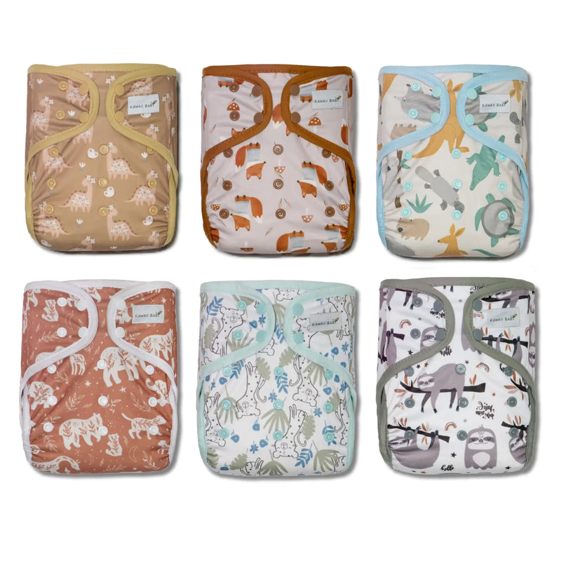 Kawaii Baby 6 Happy Leak-Free Cloth Diaper Covers Double-Layer adjustable to fit babies 8-36 pounds Animal Club