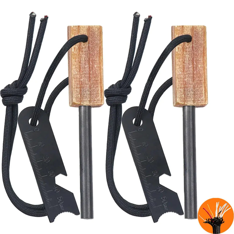 ULTLAT Fire Starter (2-Pack) for Camping Hiking and Emergency Survival Kits All-Weather Magnesium Ferro Rod with Waxed Fire Tinder Paracord (28inch)&6-in-1 Multi-Tool&Pine Handle Survival Igniter