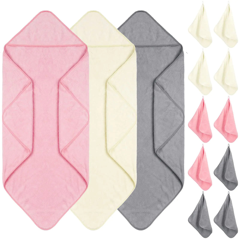 Moukeren 13 Pcs Baby Washcloth and Hooded Towels Absorbent Soft Baby Bath Accessories for Newborn Infant Bath Shower Towel Gifts Bathing Washing Registry Gifts (Pink White Gray)