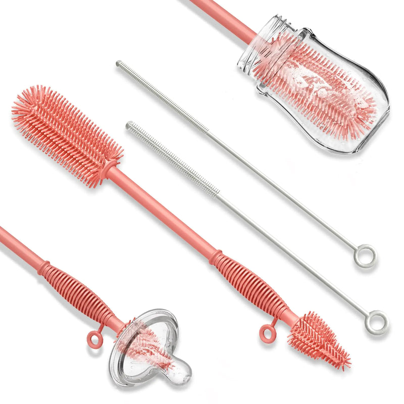 Silicone Baby Bottle Brush and Straw Cleaner Brush Set All-Round Cleaning Long Water Bottle Brushes Reusable Silicone Cleaning Brush and Dish Brush Hangable Cup Brush (Pink+Rock White)