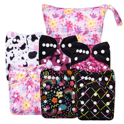 ALVABABY 6 Pack Cloth Diaper with 12 Inserts One Size Adjustable Washable Reusable Diaper Cover for Baby Girls and Boys 6DM70-L-AU