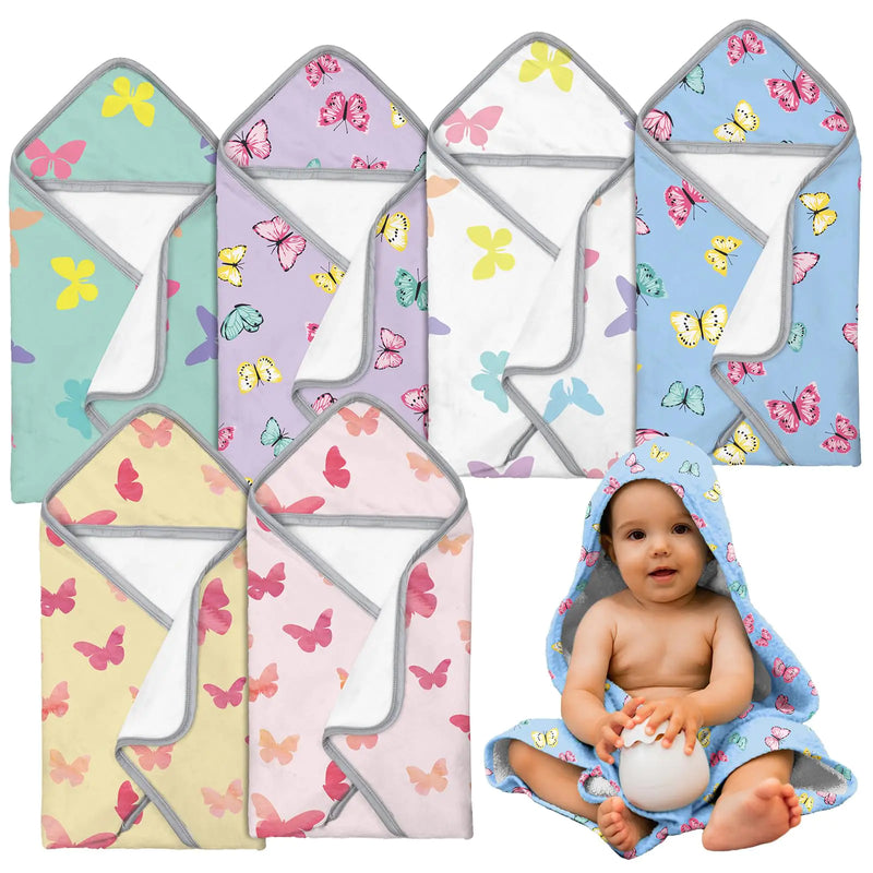 VitalCozy 6 Pack Butterfly Hooded Baby Bath Towel 30 x 30 Inch Flannel Soft Absorbent Multicolor Bath Hooded Towels for Baby Newborn Toddler Kids Infant Baby Shower for Gift Supplies